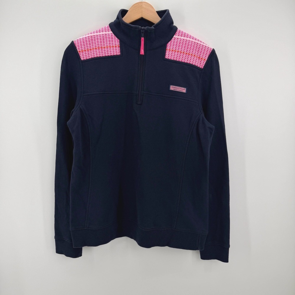 Vineyard Vines Shep Shirt Pullover Womens S Navy Pink Whale Print Preppy 1/4 Zip